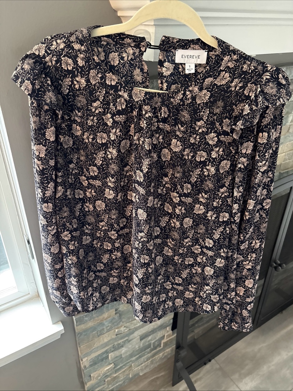 Evereve Black Blouse with Soft Pink Floral Print